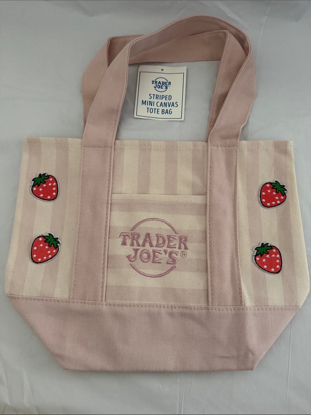 Trader Joe’s Pink Striped Mini Canvas Tote Bag with Strawberry Embellishments